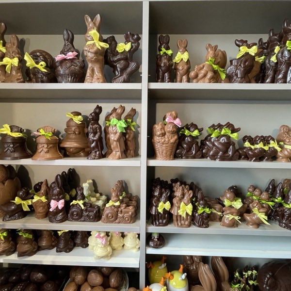 Rekken vol handgemaakte chocoladen paashazen